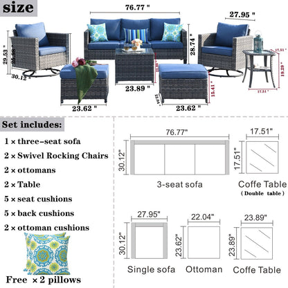 Ensemble de meubles de patio OVIOS 7 pièces en osier avec chaises pivotantes à bascule