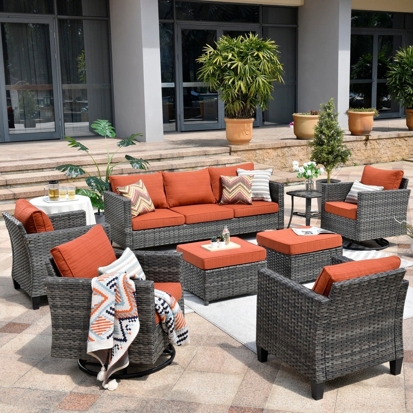 Ensemble de meubles de patio OVIOS 8 pièces en osier avec chaises pivotantes