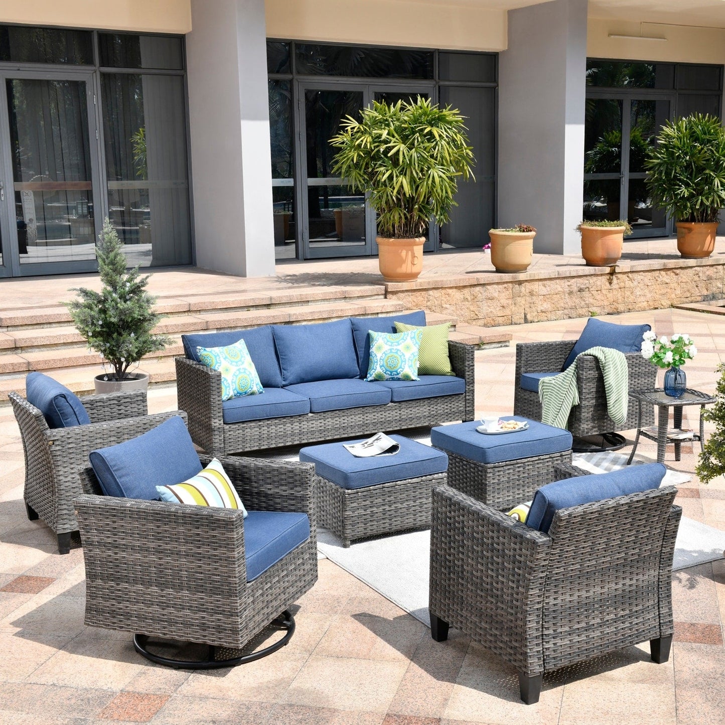 Ensemble de meubles de patio OVIOS 8 pièces en osier avec chaises pivotantes