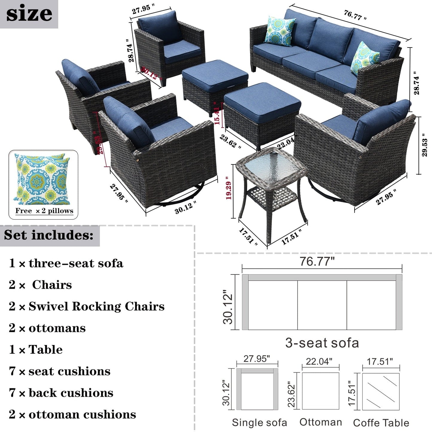 Ensemble de meubles de patio OVIOS 8 pièces en osier avec chaises pivotantes
