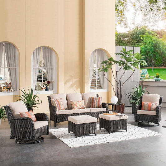 Ensemble de conversation en osier OVIOS 6 pièces avec chaises pivotantes