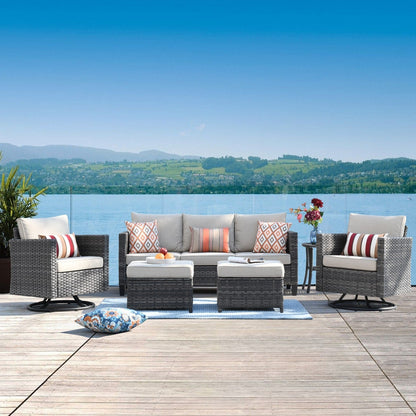 Ensemble de canapés de patio OVIOS 6 pièces en osier avec chaises berçantes pivotantes