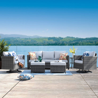 Ensemble de canapés de patio OVIOS 6 pièces en osier avec chaises berçantes pivotantes