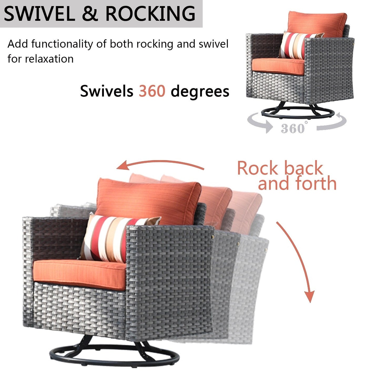 Ensemble de canapés de patio OVIOS 6 pièces en osier avec chaises berçantes pivotantes