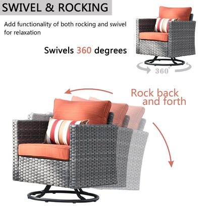 Ensemble de canapés de patio OVIOS 6 pièces en osier avec chaises berçantes pivotantes