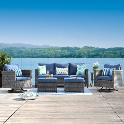 Ensemble de canapés de patio OVIOS 6 pièces en osier avec chaises berçantes pivotantes