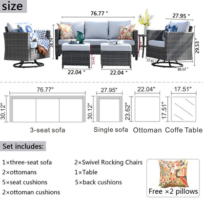 Ensemble de canapés de patio OVIOS 6 pièces en osier avec chaises berçantes pivotantes