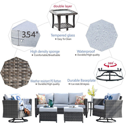 Ensemble de canapés de patio OVIOS 6 pièces en osier avec chaises berçantes pivotantes