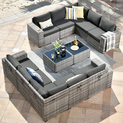 Ensemble de meubles de patio en osier OVIOS, 12 pièces, avec bras larges et table