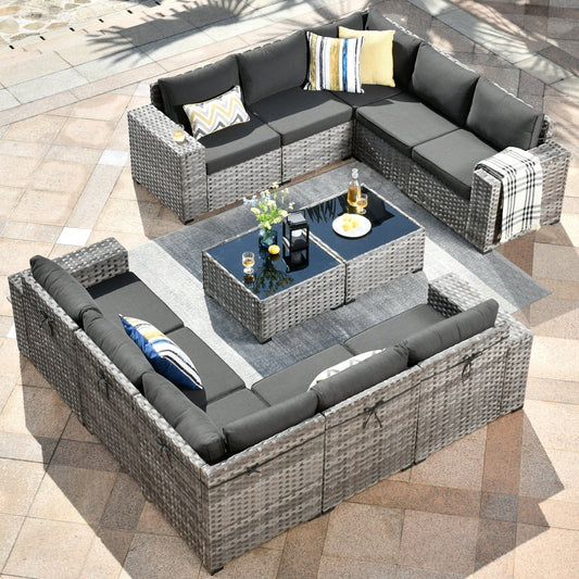 Ensemble de meubles de patio en osier OVIOS, 12 pièces, avec bras larges et table