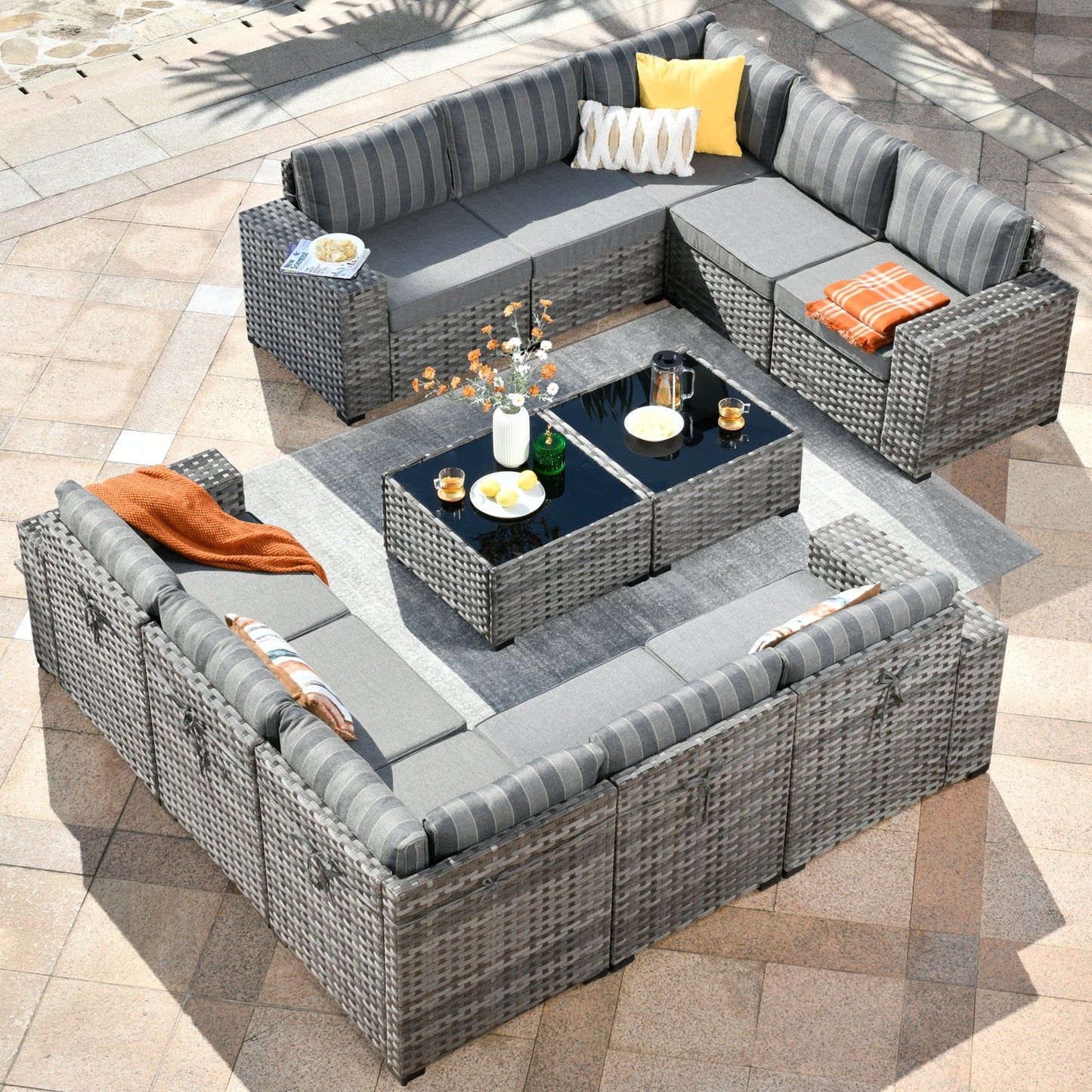 Ensemble de meubles de patio en osier OVIOS, 12 pièces, avec bras larges et table