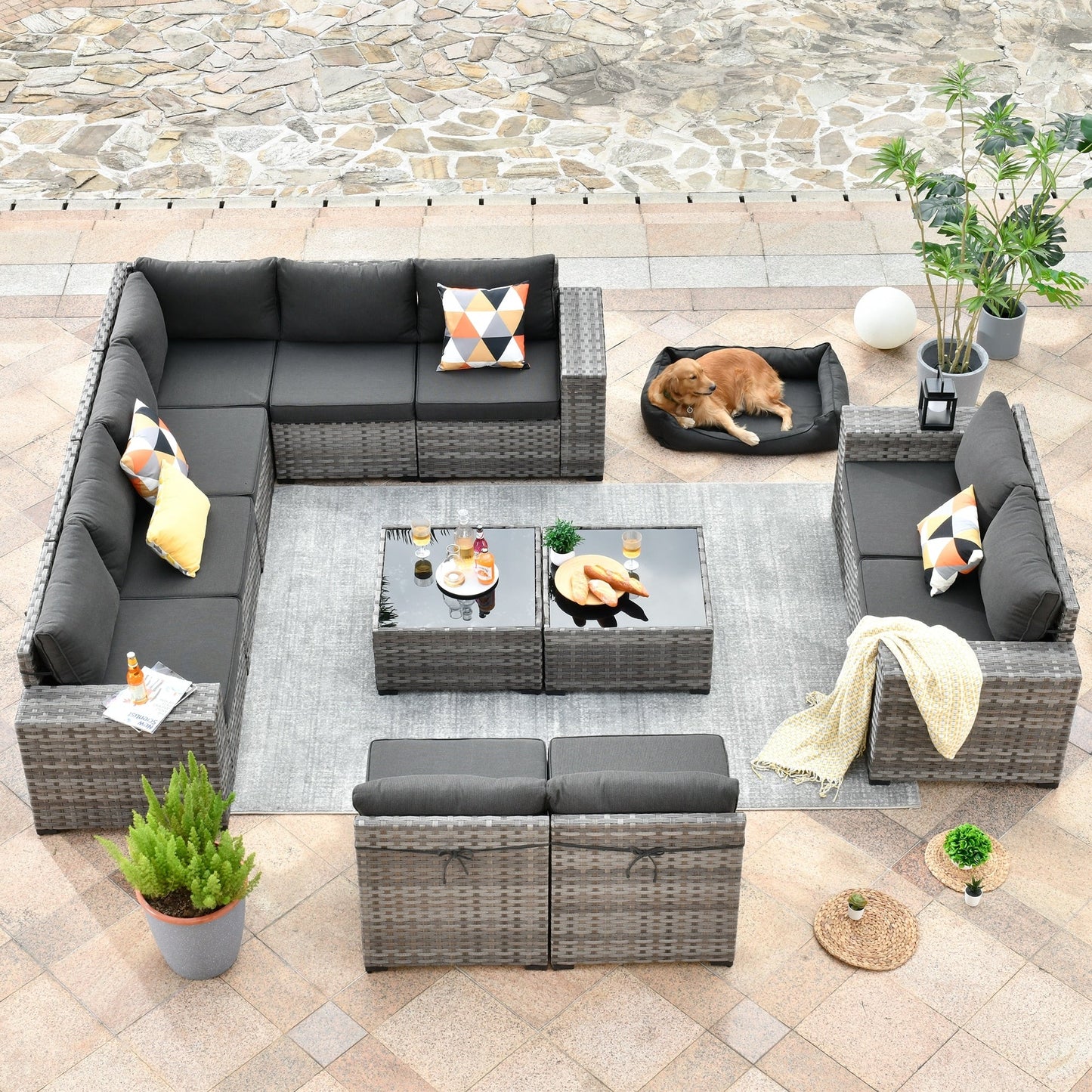 Ensemble de meubles de patio en osier OVIOS, 12 pièces, avec bras larges et table