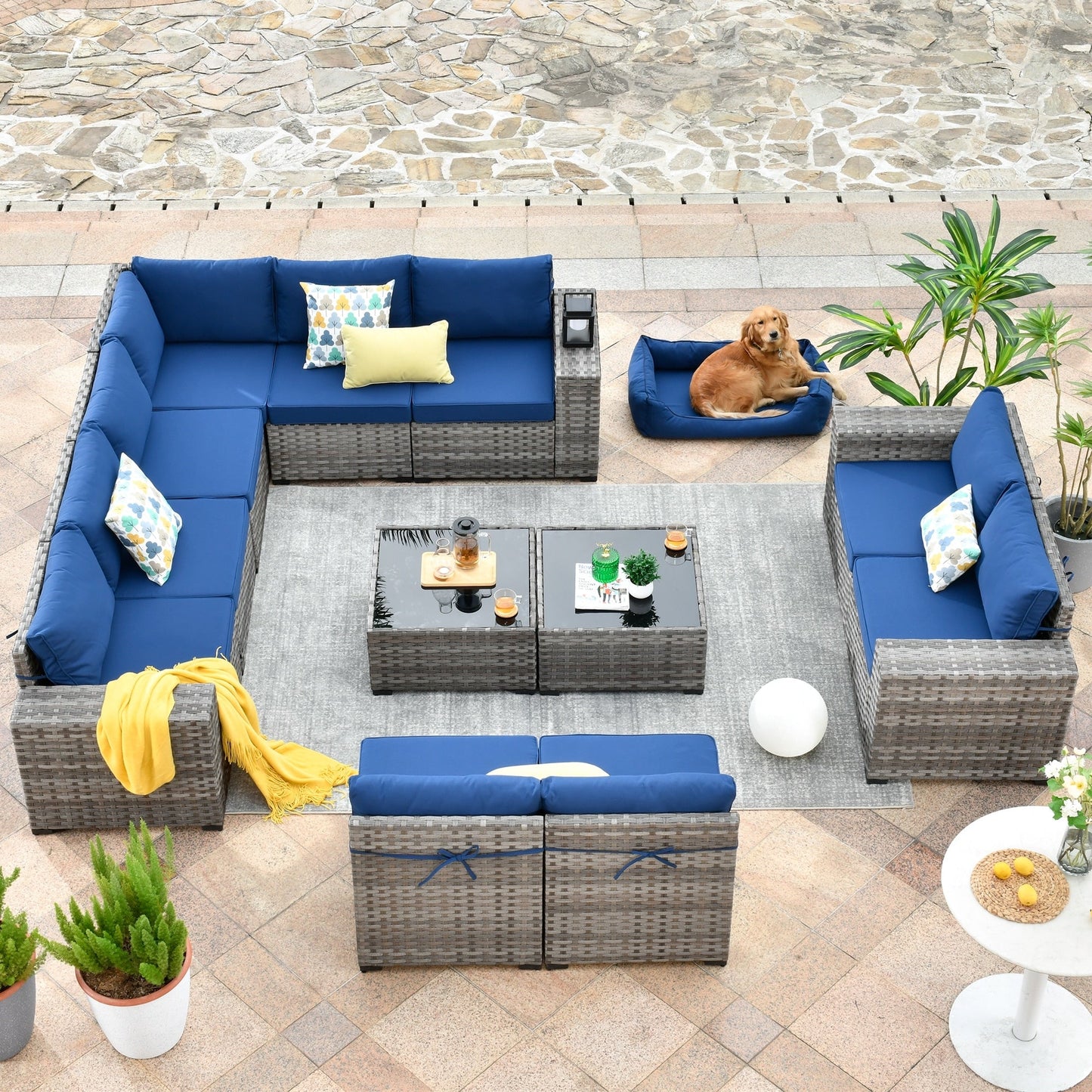 Ensemble de meubles de patio en osier OVIOS, 12 pièces, avec bras larges et table