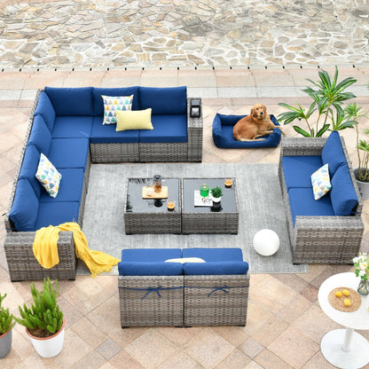Ensemble de meubles de patio en osier OVIOS, 12 pièces, avec bras larges et table