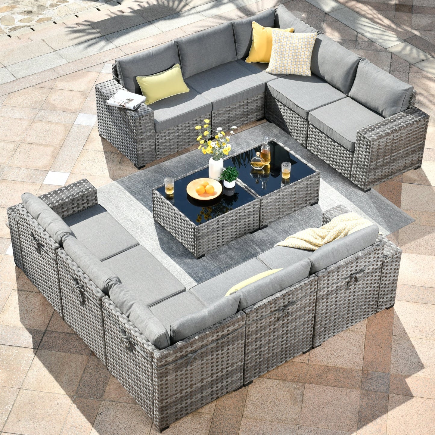 Ensemble de meubles de patio en osier OVIOS, 12 pièces, avec bras larges et table
