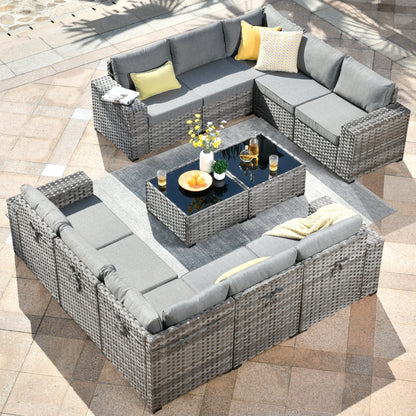 Ensemble de meubles de patio en osier OVIOS, 12 pièces, avec bras larges et table