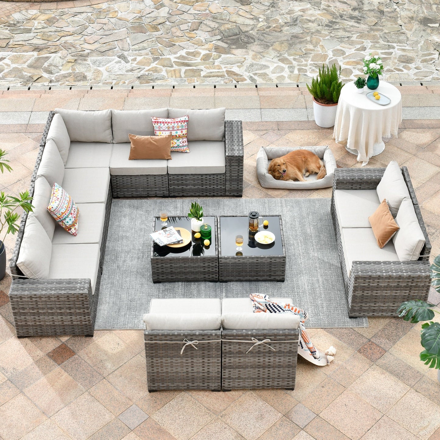 Ensemble de meubles de patio en osier OVIOS, 12 pièces, avec bras larges et table