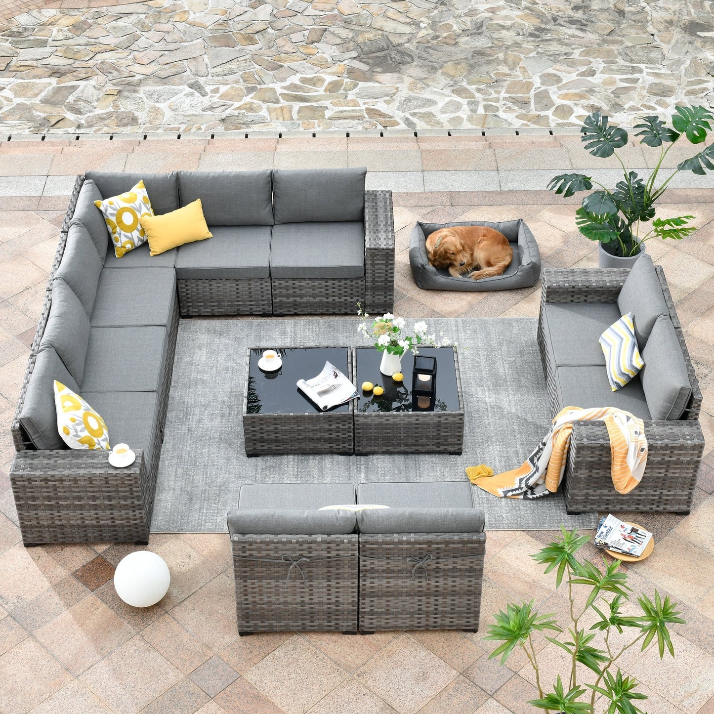 Ensemble de meubles de patio en osier OVIOS, 12 pièces, avec bras larges et table