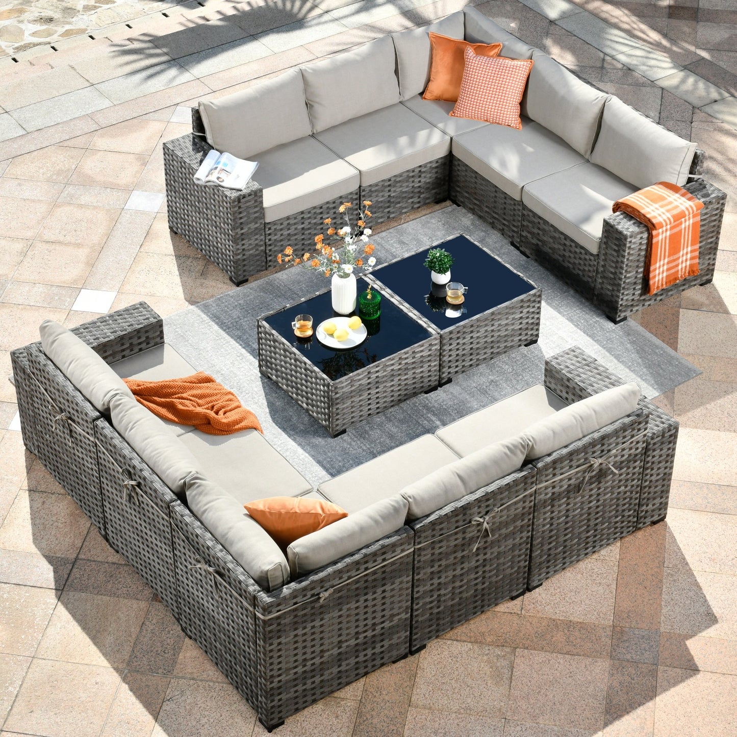 Ensemble de meubles de patio en osier OVIOS, 12 pièces, avec bras larges et table