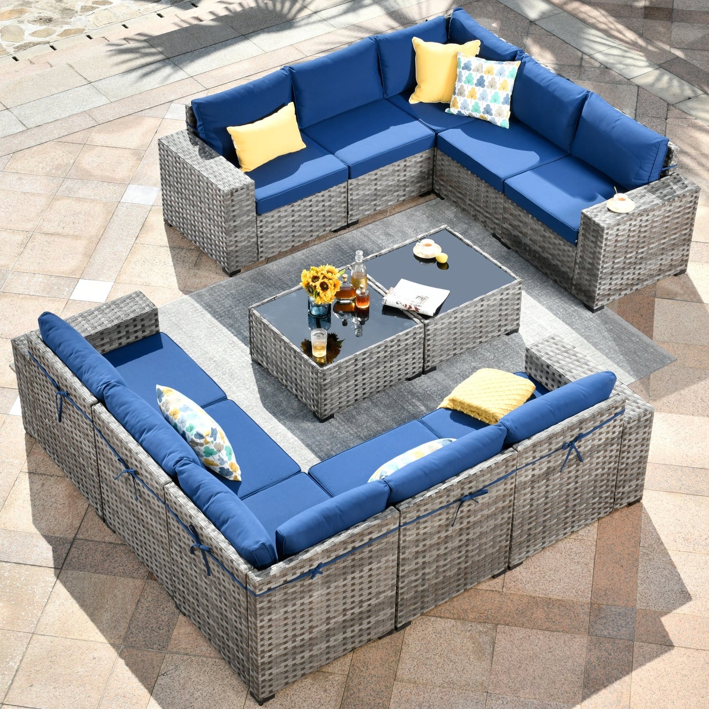 Ensemble de meubles de patio en osier OVIOS, 12 pièces, avec bras larges et table