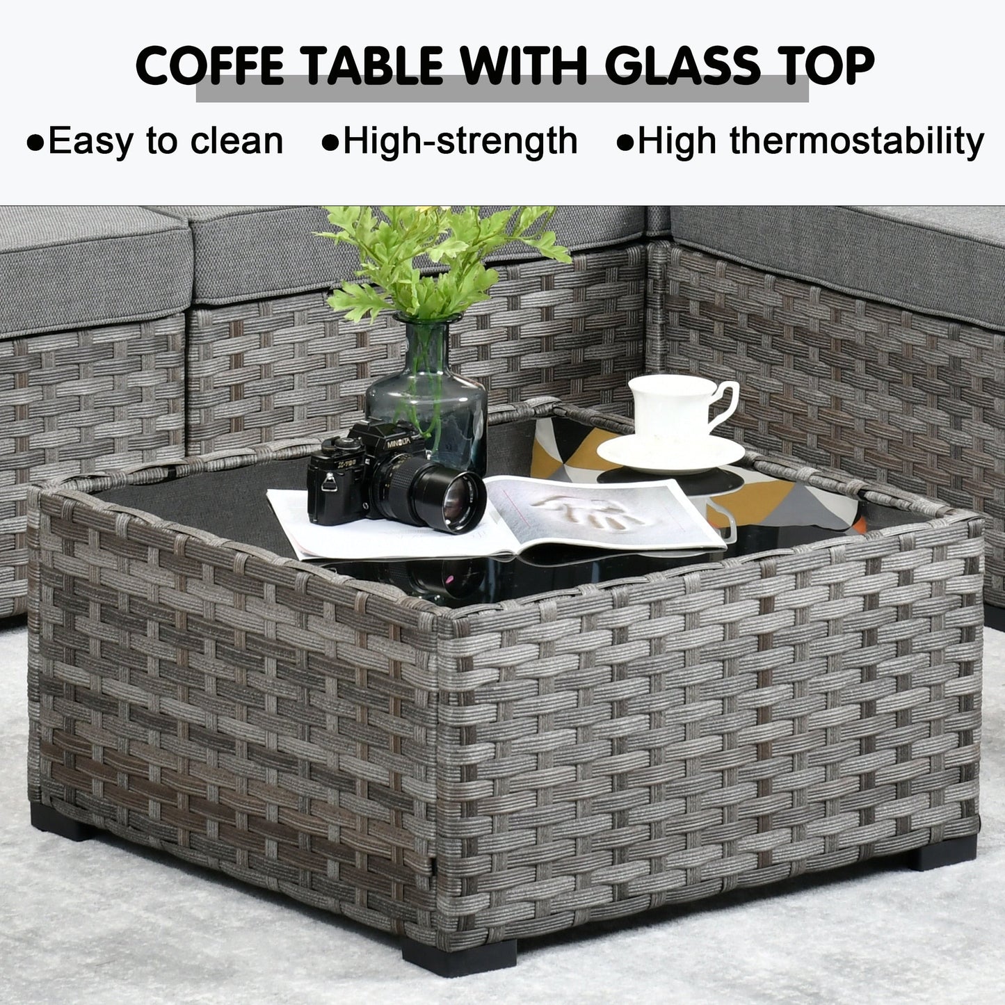 Ensemble de meubles de patio en osier OVIOS, 12 pièces, avec bras larges et table