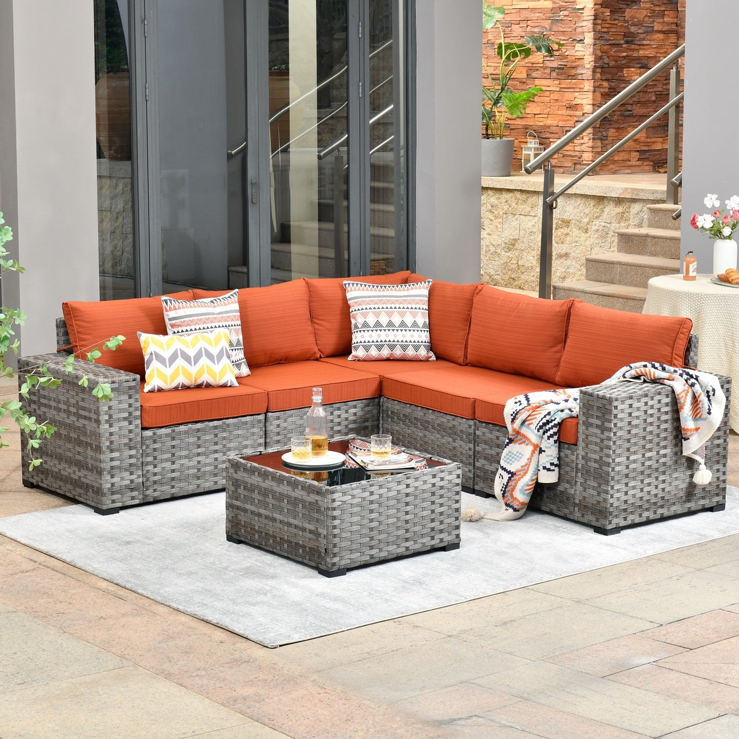 Ensemble de meubles de patio en osier OVIOS, 6 pièces, avec bras larges et table