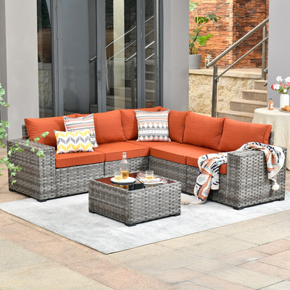 Ensemble de meubles de patio en osier OVIOS, 6 pièces, avec bras larges et table