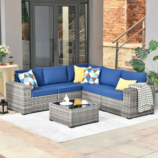 Ensemble de meubles de patio en osier OVIOS, 6 pièces, avec bras larges et table
