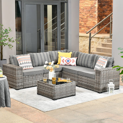 Ensemble de meubles de patio en osier OVIOS, 6 pièces, avec bras larges et table