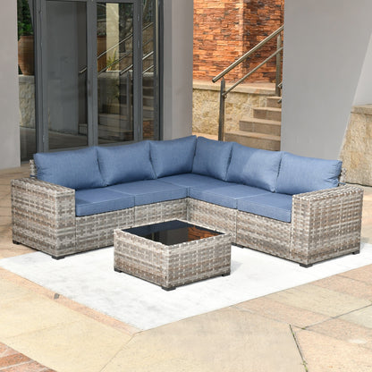 Ensemble de meubles de patio en osier OVIOS, 6 pièces, avec bras larges et table