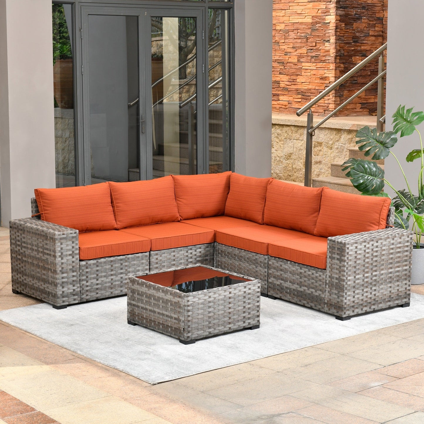 Ensemble de meubles de patio en osier OVIOS, 6 pièces, avec bras larges et table