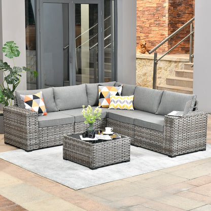 Ensemble de meubles de patio en osier OVIOS, 6 pièces, avec bras larges et table