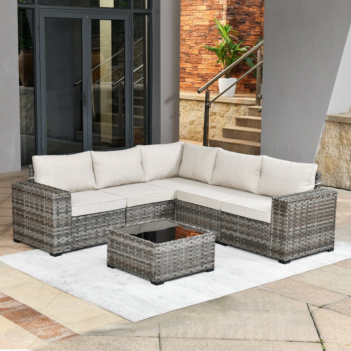 Ensemble de meubles de patio en osier OVIOS, 6 pièces, avec bras larges et table