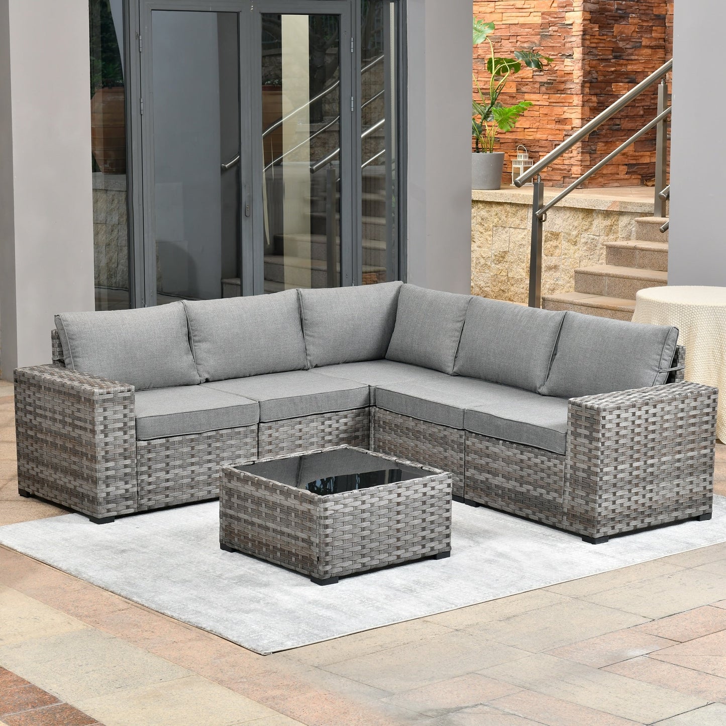 Ensemble de meubles de patio en osier OVIOS, 6 pièces, avec bras larges et table