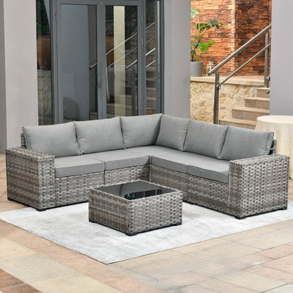 Ensemble de meubles de patio en osier OVIOS, 6 pièces, avec bras larges et table