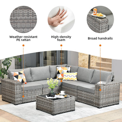 Ensemble de meubles de patio en osier OVIOS, 6 pièces, avec bras larges et table