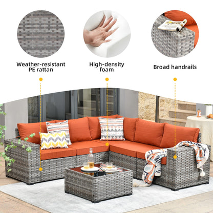 Ensemble de meubles de patio en osier OVIOS, 6 pièces, avec bras larges et table