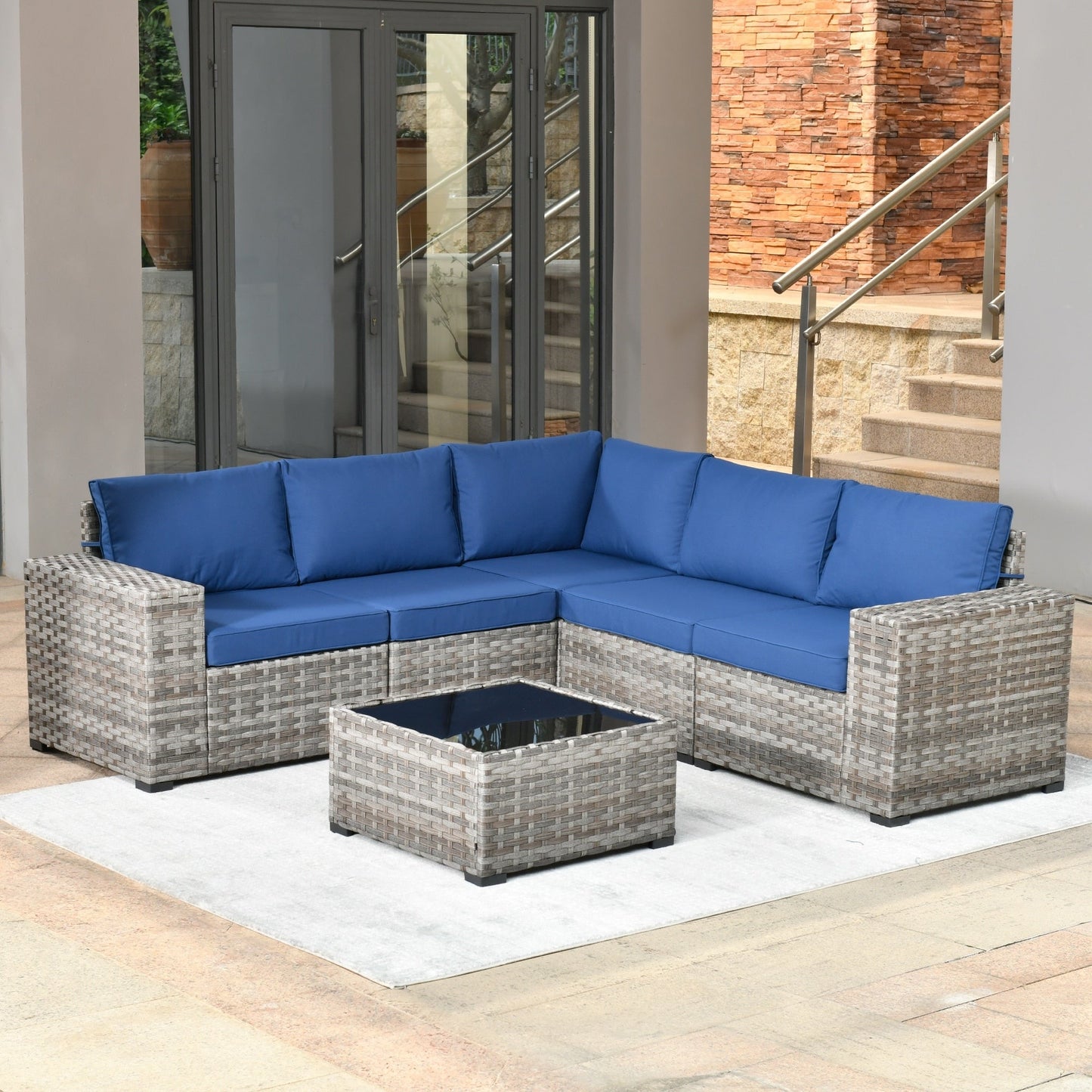 Ensemble de meubles de patio en osier OVIOS, 6 pièces, avec bras larges et table