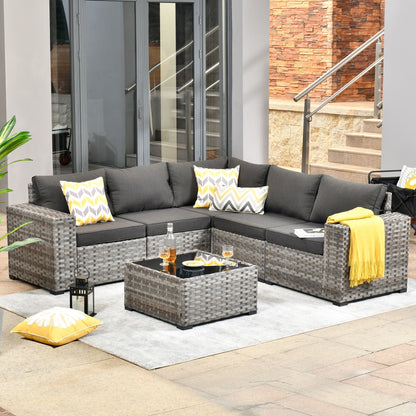 Ensemble de meubles de patio en osier OVIOS, 6 pièces, avec bras larges et table
