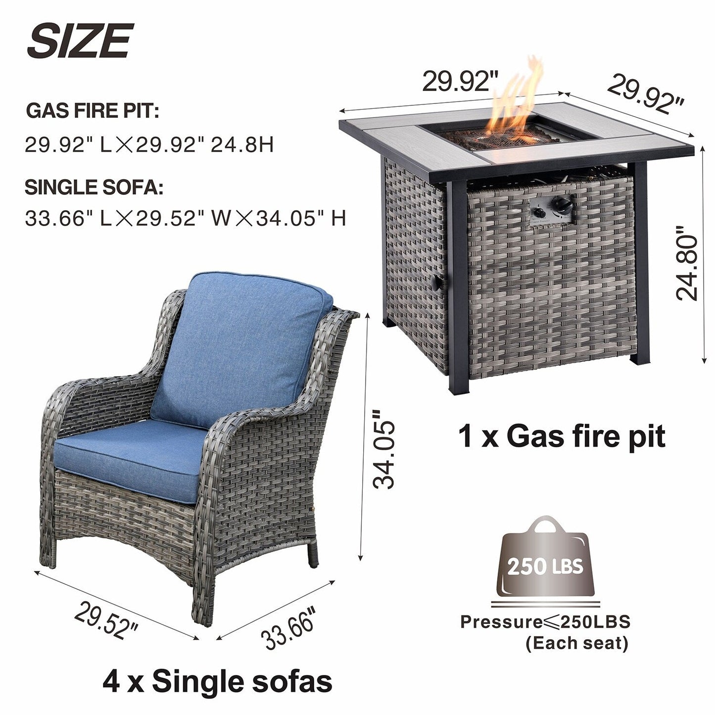 Ensemble de 5 chaises de patio en osier OVIOS avec table à feu de 30 pouces
