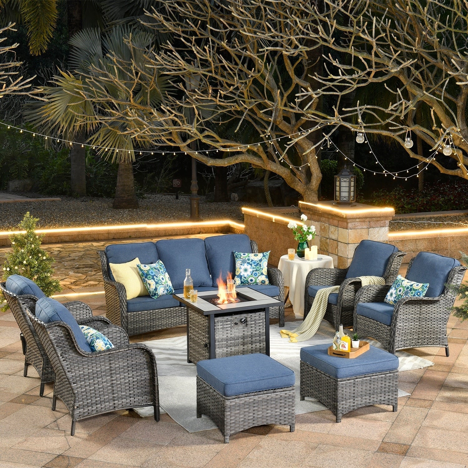 Ensemble de meubles de patio OVIOS en osier gris 8 pièces avec foyer