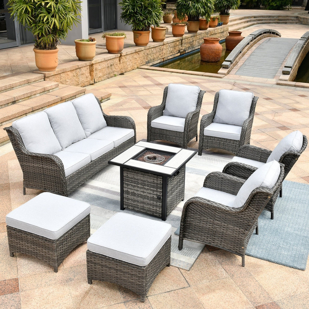 Ensemble de meubles de patio OVIOS en osier gris 8 pièces avec foyer