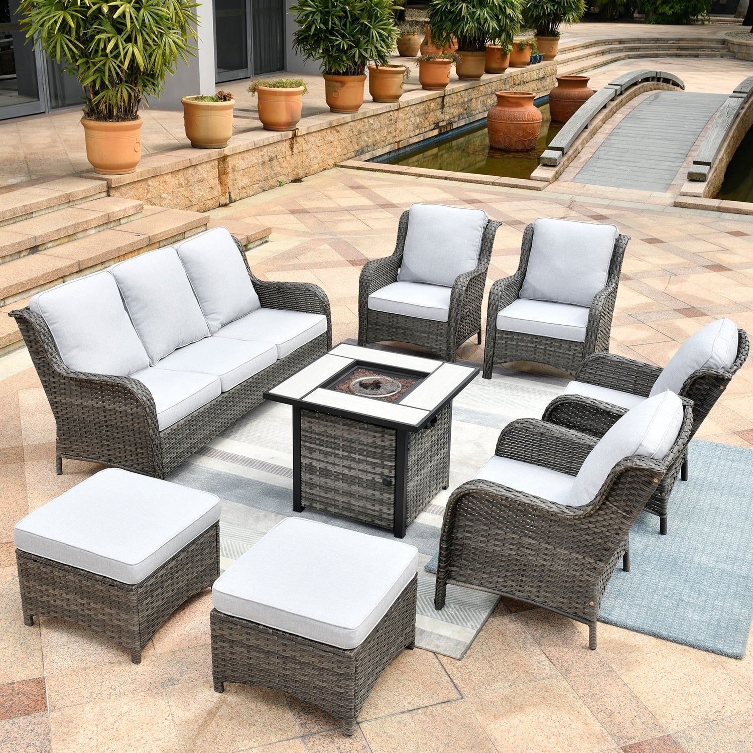 Ensemble de meubles de patio OVIOS en osier gris 8 pièces avec foyer