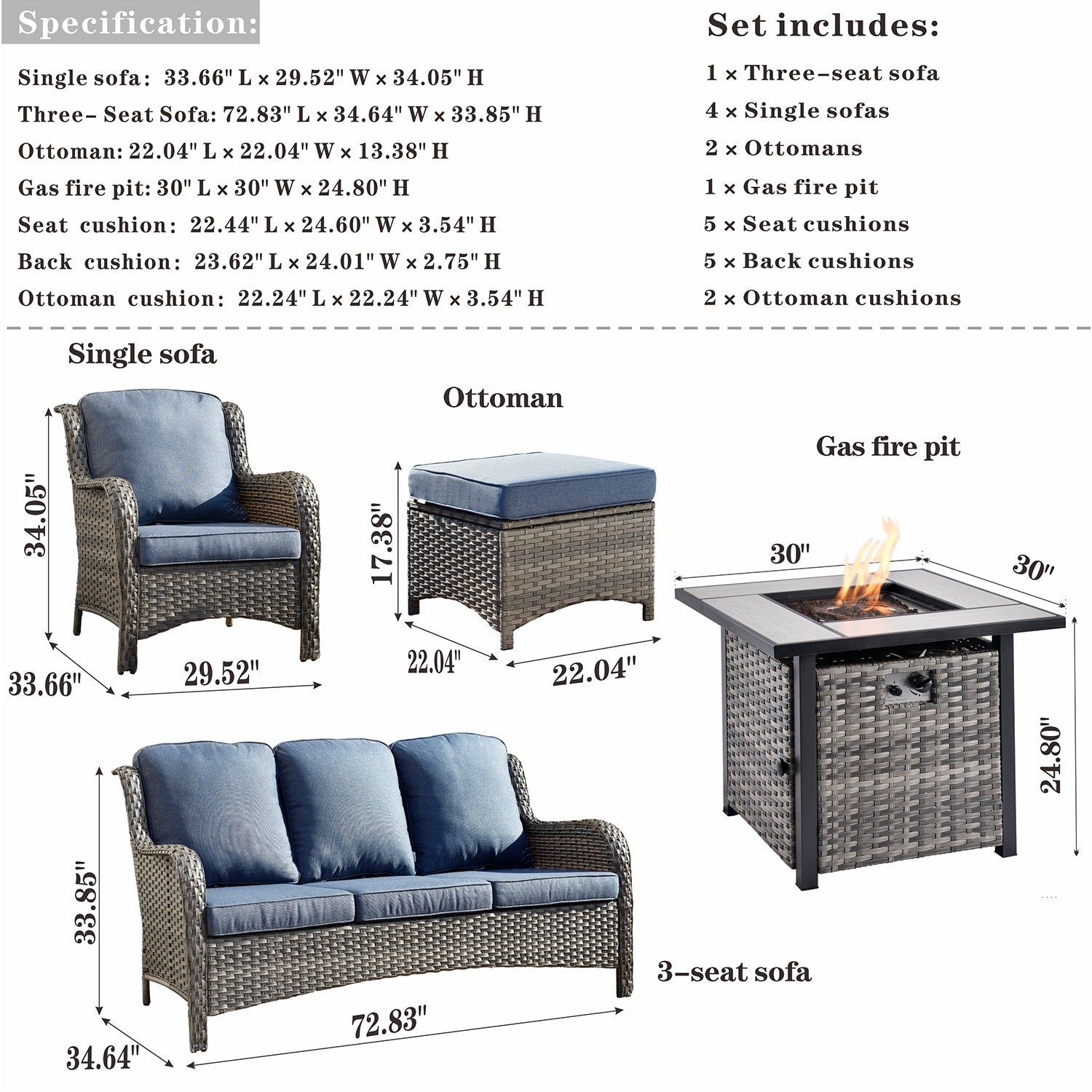 Ensemble de meubles de patio OVIOS en osier gris 8 pièces avec foyer