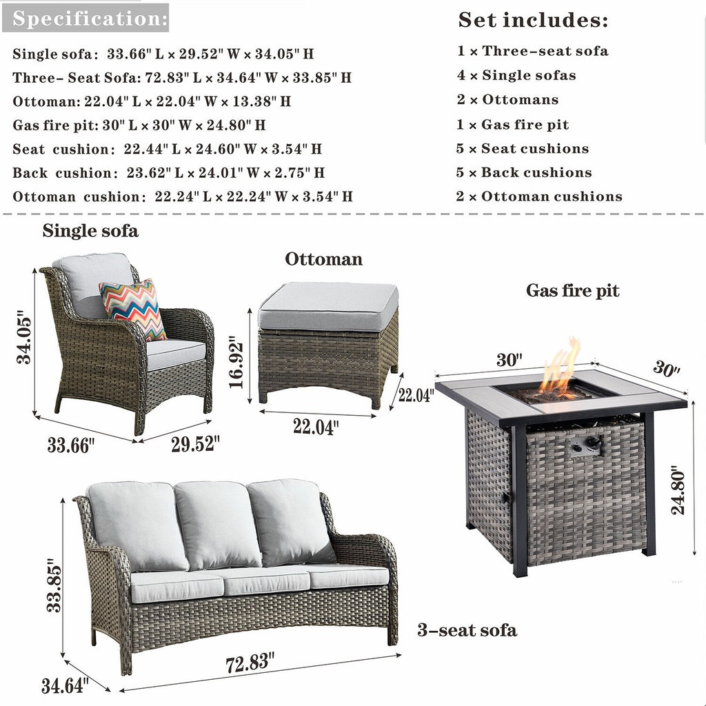 Ensemble de meubles de patio OVIOS en osier gris 8 pièces avec foyer