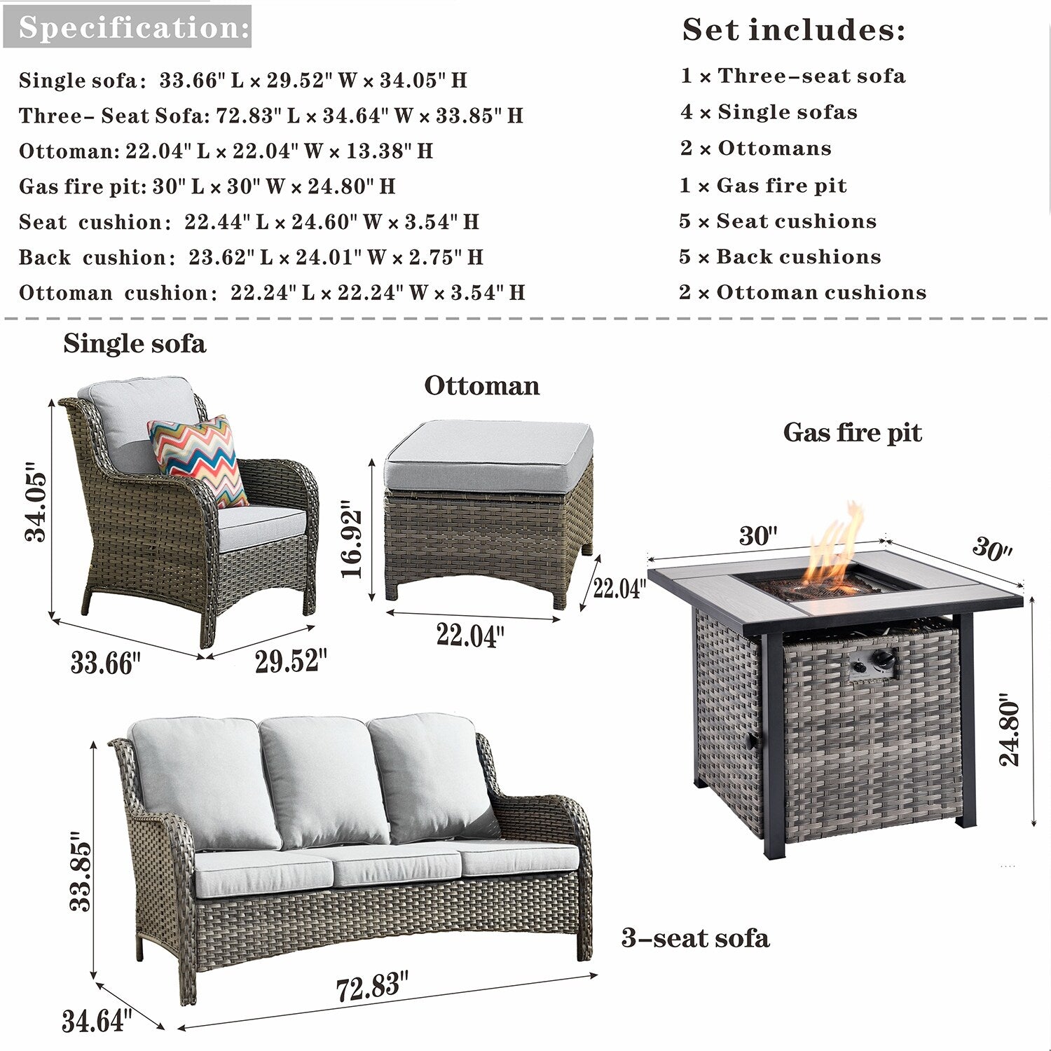 Ensemble de meubles de patio OVIOS en osier gris 8 pièces avec foyer