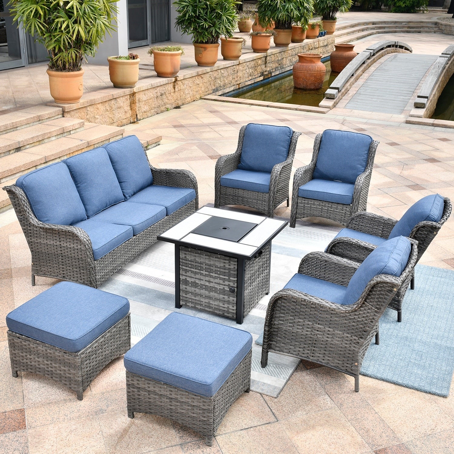 Ensemble de meubles de patio OVIOS en osier gris 8 pièces avec foyer
