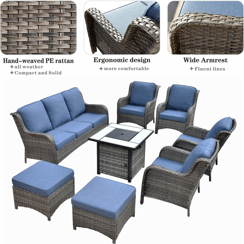 Ensemble de meubles de patio OVIOS en osier gris 8 pièces avec foyer