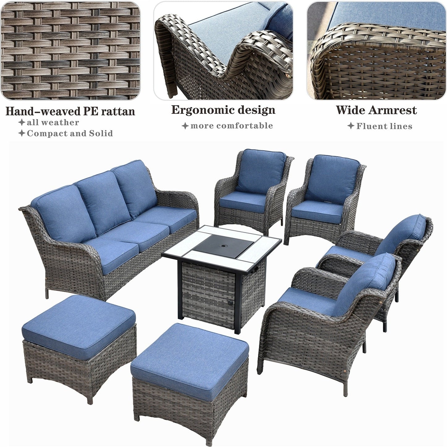 Ensemble de meubles de patio OVIOS en osier gris 8 pièces avec foyer