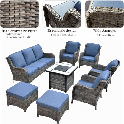 Ensemble de meubles de patio OVIOS en osier gris 8 pièces avec foyer